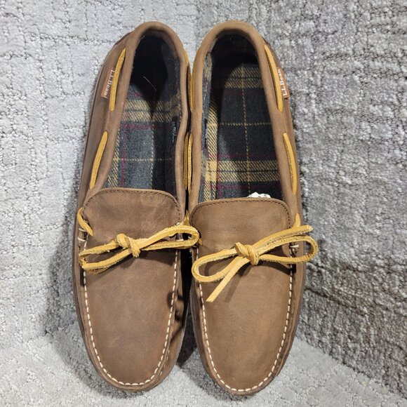 L.L. Bean Men's Size 10M Leather Slip-On Moccasin Slippers Flannel Lined 212164 - Picture 7 of 10